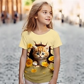 cheap Girl&#039;s 3D Animals-Girls&#039; 3D Cat Tee Shirts Short Sleeve 3D Print Summer Active Fashion Cute Polyester Kids 3-12 Years Crew Neck Outdoor Casual Daily Regular Fit