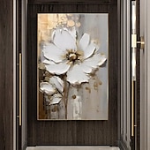 preiswerte Blumen-/Botanische Gemälde-Handgemaltes großes Blumentexturgemälde, 3D-Texturgemälde, abstraktes Goldblumengemälde, originales goldenes Wandkunst-Blumengemälde für Wohnzimmer, Heimdekoration, gespannter Rahmen, fertig zum