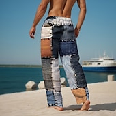 voordelige Casual herenbroek met print-geruite kleurblok herenresort 3D-geprint casual broek broek elastische taille trekkoord losse pasvorm rechte pijpen zomerstrandbroek s tot 3xl