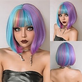 economico Parrucche da festa-parrucca bionda con frangia parrucche bionde corte e ondulate con radici scure per donne capelli sintetici resistenti al calore parrucche carine dall&#039;aspetto naturale per