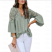 cheap Basic Women&#039;s Tops-Shirt Boho Shirt Lace Shirt Blouse Women&#039;s Black White Pink Solid Color Lace Button Street Daily Fashion V Neck S