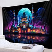 levne Tapiserie Blacklight-ramadán mešita blacklight gobelín uv reaktivní záře ve tmě trippy mlhavá příroda krajina závěsná gobelín nástěnná malba pro obývací pokoj ložnice