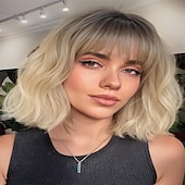 economico Parrucche trendy sintetiche-parrucche marrone scuro per le donne parrucca bob corta ondulata con frangia per le donne parrucche sintetiche a onde corte ricce parrucche per capelli in fibra resistente al calore per tutti i giorni