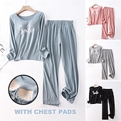 billiga Sovkläder till damer-kvinnors pyjamasset brev mode komfort hem daglig säng bomull andas rund hals långärmad t-shirt t-shirt byxa bröstkuddar sommar vår hem outfits