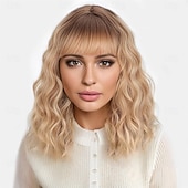 billige Syntetiske trendy parykker-kort ombre blond parykk med smell skulderlengde krøllete bob parykk for kvinner naturlig utseende syntetisk krøllet blond bob parykk for fest og daglig bruk