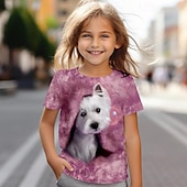 ieftine Animale 3D ale fetei-Tricou 3D pentru fete, model câine, roz, cu mânecă scurtă, imprimare 3D, vară, modă, drăguț, poliester, copii 4-12 ani, guler rotund, exterior, casual, zilnic, croială standard