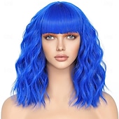 cheap Synthetic Trendy Wigs-Bob Wig With Bangs Short Wavy Blue Wig Women Synthetic Colored Bachelorette Wigs Shoulder Length Party Halloween Christmas Fun Cosplay Wigs