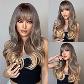 economico Parrucche trendy sintetiche-parrucca ramata con frangia parrucche di capelli naturali per le donne parrucca lunga a strati per le ragazze radici scure parrucca rame rosso ombre resistente al calore parrucca sintetica arancione