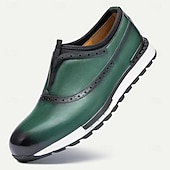 cheap Premium Leather Sneakers-Men&#039;s Premium Cowhide Leather Slip-On Loafers – Green and Black Brogue Design, Comfortable Cushioned Sole, Casual and Formal Shoes