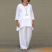 abordables Ensembles-Ensembles en coton et lin pour femmes, ensembles deux pièces, couleur unie, mode, col rond, rue, quotidien, 2 pièces, blanc, bleu, kaki, gris, printemps et automne