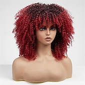 baratos Perucas de Carnaval-perucas vermelhas cacheadas para mulheres negras peruca vermelha crespa cacheada com franja peruca afro sintética cacheada de 14 polegadas para uso diário perucas de carnaval