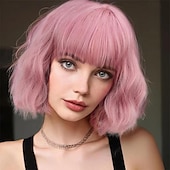 economico Parrucche trendy sintetiche-parrucche marrone scuro per le donne parrucca bob corta ondulata con frangia per le donne parrucche sintetiche a onde corte ricce parrucche per capelli in fibra resistente al calore per tutti i giorni
