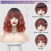 economico Parrucche da festa-Parrucca ombre rosa parrucche bob ondulate corte per donne con frangia lunghezza spalla parrucca sintetica per cosplay e feste per ragazze parrucche colorate per uso quotidiano parrucche di Halloween