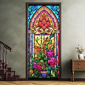 billige Dørdeksler-farget glass mandala dørdeksler veggmaleri dekor dør billedvev dør gardin dekorasjon bakteppe dør banner avtakbar for inngangsdør innendørs utendørs hjemme rom dekorasjon gårdshus dekor forsyninger