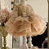baratos Vestidos de Festa-Infantil Para Meninas Vestido de festa Côr Sólida Manga 3/4 Espetáculo Casamento Com Transparência Princesa Doce Com Transparência Longuette Vestido da bainha Vestido De Tule Vestido de florista