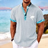 levne Tropické rostliny-Pánské Kokosová palma Tropické rostliny Košile Letní košile Havajská košile Krátký rukáv Košile Stojáček Henley Collar Havajské Letovisko Dovolená Jdeme ven Pláže Světle modrá Bílá Trávová zelená S M