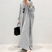 preiswerte bedruckte Kleider aus Baumwolle und Leinen-Damen Schwarz Weiß Hellgrün Sommer Frühling Herbst Maxikleid Baumwoll-Leinen-Kleider Freizeitkleid Shiftkleid Basic Lässig Outdoor Winterkleid Urlaub Lässiger Schnitt Gestreift Hemdkragen
