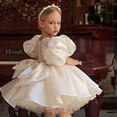baratos Vestidos floridos-Infantil Para Meninas Vestido de daminha de honra Vestido de festa Côr Sólida Manga Longa Espetáculo Casamento Festa Com Transparência Princesa Doce Com Transparência Longuette Vestido da bainha