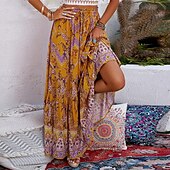 billiga Kjolar-damkjol en linje gunga bohemia maxi hög midja kjolar tryck blommigt färgblock semester semester sommar casual boho gul
