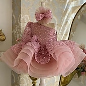 abordables Robes de fête-Enfants Fille Robe de fête Couleur unie Manches 3/4 Utilisation Mariage Maille Princesse Doux Maille Mi-mollet Robe Fourreau Robe en Tulle Robe de demoiselle d&#039;honneur Eté Printemps Automne 2-12 ans