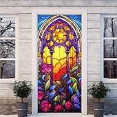 billige Dørdeksler-farget glass mandala dørdeksler veggmaleri dekor dør billedvev dør gardin dekorasjon bakteppe dør banner avtakbar for inngangsdør innendørs utendørs hjemme rom dekorasjon gårdshus dekor forsyninger