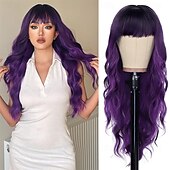 abordables Perruques Synthétiques Sans Bonnet-Perruque violette avec frange perruque noire et violette longue perruque ondulée bouclée avec racines foncées perruques synthétiques ombrées résistantes à la chaleur pour femmes utilisation