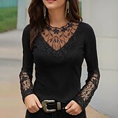 cheap Plain tee-Women&#039;s T Shirt Burgundy Tee Mesh Patchwork Top Lace T-shirt Floral Elegant Vintage Fashion Long Sleeve Round Neck Regular Tops Casual Weekend Lace Patchwork Black Wine Navy Blue Fall &amp; Winter