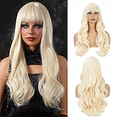 abordables Perruques Synthétiques Sans Bonnet-Perruque ondulée longue marron moyen avec frange pour femme 26 pouces d&#039;aspect naturel en fibre synthétique résistante à la chaleur de remplacement de cheveux d&#039;aspect naturel perruque longue ondulée