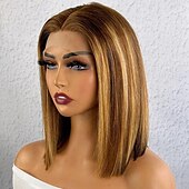 voordelige Pruiken van echt haar, met kanten voorzijde-hoogtepunt p4/27 Peruaanse remy haar korte bob ombre menselijk haar pruiken blonde pruik rechte bob pruik 13*4*1 lace front pruiken voor vrouwen