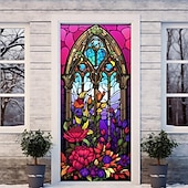 billige Dørdeksler-farget glass mandala dørdeksler veggmaleri dekor dør billedvev dør gardin dekorasjon bakteppe dør banner avtakbar for inngangsdør innendørs utendørs hjemme rom dekorasjon gårdshus dekor forsyninger