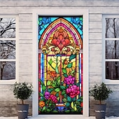 billige Dørdeksler-farget glass mandala dørdeksler veggmaleri dekor dør billedvev dør gardin dekorasjon bakteppe dør banner avtakbar for inngangsdør innendørs utendørs hjemme rom dekorasjon gårdshus dekor forsyninger