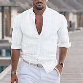 preiswerte Business Casual-Herren Hemd leinenhemd Baumwoll-Leinenhemd Weißes Baumwollhemd Hemd mit chinesischem Kragen Hemd mit Stehkragen Einfach Urlaub Hawaiianisch Schwarz Weiß Rosa Blau Langarm Großvaterkragen Frühling