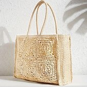 tanie Torby i torebki-damska torba typu tote z plecionej słomy z wzorem szydełkowym i dwoma uchwytami, torebka boho na lato, plażę, wakacje, piknik i nieformalne wyjścia
