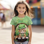 cheap Girl&#039;s 3D Animals-St. Patrick Girls&#039; 3D Cat Four Leaf Clover Tee Shirt Short Sleeve 3D Print Summer Active Fashion Cute Polyester Kids 3-12 Years Crew Neck Outdoor Casual Daily Regular Fit