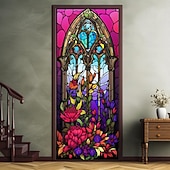 billige Dørdeksler-farget glass mandala dørdeksler veggmaleri dekor dør billedvev dør gardin dekorasjon bakteppe dør banner avtakbar for inngangsdør innendørs utendørs hjemme rom dekorasjon gårdshus dekor forsyninger