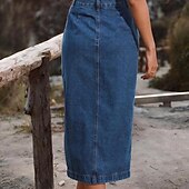 abordables Jupes-Femme Jupe Jupe mi-longue en jean Mode Décontractées Midi Taille haute Jupes Couleur Pleine Pointes fourchues Casual Quotidien Fin de semaine Noir bleu marine Bleu de minuit Eté Jean