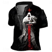 preiswerte Geist&amp;amp;Totenkopf-Herren Tempelritter Kreuz Henley Hemd T-Shirt 3D-Druck Gotisch Subkultur Urlaub Täglich Ausgehen Frühling &amp; Sommer Schwarz / Weiß Schwarz Rote Henley Henley T-Shirt