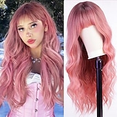 abordables Perruques Synthétiques Sans Bonnet-Perruques blondes sales ombrées avec frange blonde longue perruque ondulée pour femmes perruque de cheveux synthétiques bouclés longs pour usage quotidien de fête 24 pouces