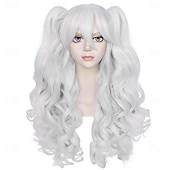 baratos Perucas Históricas-Peruca Longa Cacheada Azul com Rabo de Cavalo Peruca Azul Claro com 2 Rabos de Cavalo Peruca Lolita Azul com Franja para Mulheres Peruca Anime Peluca Azul para Fantasia Carnaval Halloween