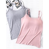 abordables Tops y pantalones de dormir para mujer-Pijama de mujer de color puro, sencillo, cómodo, de uso diario, de rayón, transpirable, con tirantes, sin mangas, con tirantes, sin espalda, con almohadillas para el pecho, para verano y primavera,