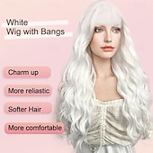 economico Parrucche trendy sintetiche-parrucche bianche con frangia per le donne parrucca sintetica ondulata lunga parrucca colorata parrucche resistenti al calore per feste cosplay