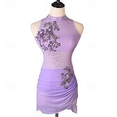 cheap Latin Dancewear-Dance Salsa Latin Dance Dress Rhinestone Pleats Embroidery Women&#039;s Performance Training Sleeveless High Spandex Tulle