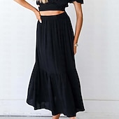 preiswerte Wesentliche Falsche Unterteile-Damen Basic Lässig Maxi Hohe Taille Röcke Einfarbig Tasche Alltagstauglich Wochenende Schwarz Weiß Sommer Baumwolle und Leinen