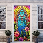 billige Dørdeksler-farget glass mandala dørdeksler veggmaleri dekor dør billedvev dør gardin dekorasjon bakteppe dør banner avtakbar for inngangsdør innendørs utendørs hjemme rom dekorasjon gårdshus dekor forsyninger