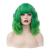 economico Parrucche da festa-parrucca da donna verde brillante ombre parrucca corta riccia ondulata lunghezza spalla frangia piatta parrucca per donna ragazza cosplay festa di halloween berretto per parrucca incluso parrucche