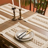 abordables Manteles-Estera de comida de cuerda de cáñamo, estera de vajilla de algodón y lino con forma de diamante geométrico, color tejido a juego, estera para cuenco con borlas de vacaciones, material natural, estilo