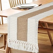 preiswerte Tischdecken-70 Zoll langer Boho-Tischläufer für die Inneneinrichtung, rustikaler Bauernhaus-Tischläufer, cremefarben &amp; Brauner Makramee-Tischläufer mit Quasten für Boho-Esszimmer, Schlafzimmer und Restaurant
