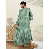 abordables robe décontractée imprimée-Femme Robe Trapèze Ourlet Maxi Robe Maxi Vert manche longue Géométrique Géométrique Printemps Col V Robe Motif Style de mode simple Vacances S M L