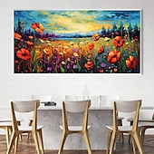 preiswerte Blumen-/Botanische Gemälde-Ölgemälde, handgemaltes Mohnfeld-Gemälde, Kunstwerk, handgefertigtes Wildblumen-Ölgemälde, Landschaft, rote Mohnblumen, Ölgemälde für Wohnzimmer, Schlafzimmer, Hotelwand, Heimdekoration