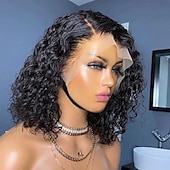 abordables Perruques à dentelle frontale-Perruque naturelle ondulée profonde en cheveux brésiliens avec dentelle frontale 13x4, partie libre, densité 150%, avec cheveux de bébé et ligne de cheveux naturelle